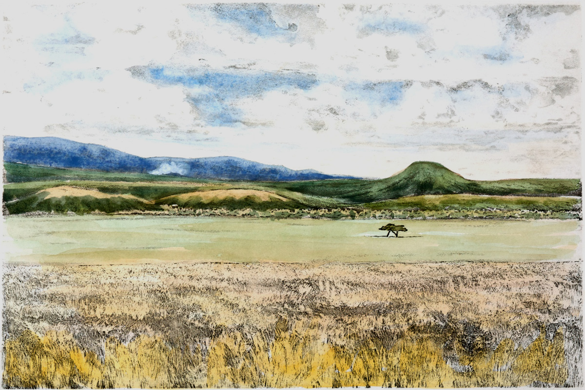 "Two Trees", hand colored etching